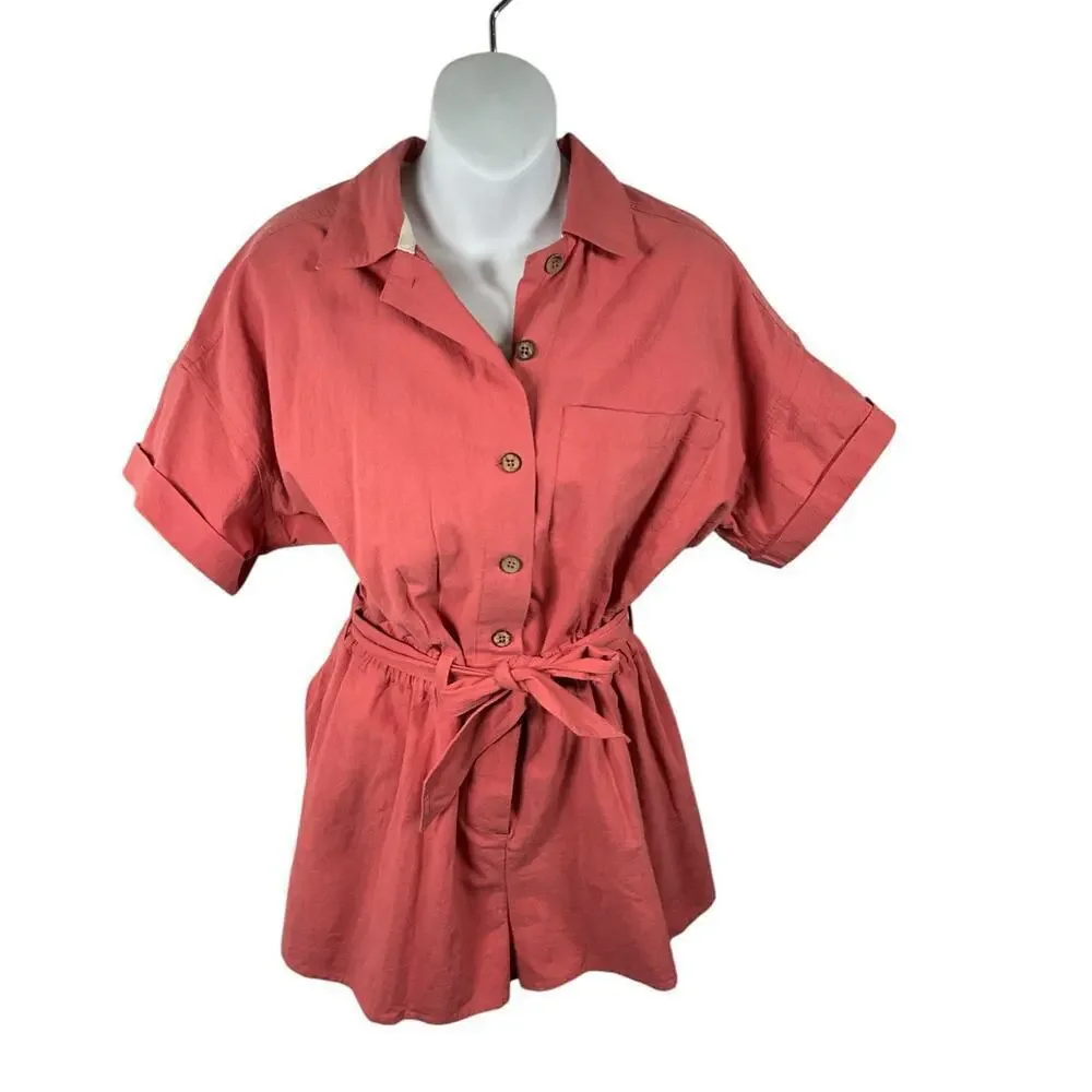 Free People Romper Coral Size XS Button Down Short Sleeve Belted Sinched Waist